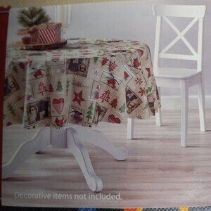 Holiday Time Vinyl Tablecloth Round 70" Christmas Print Bears Cardinals Fox NEW